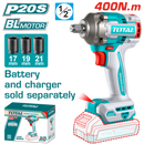 Total tools Cordless impact  Brushless wrench 1/2 inch 20V  400 NM Without battery And Charger- TIWLI20401