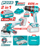 Total tools Cordless 20 volt combo kit ( impact drill 66 N.m + angle grinder 4.5" + 2 battery and charger ) - TCKLI20273