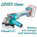 Total tools Lithium-Ion Brushless angle grinder 20 v   4.5 " without Battery and charger -TAGLI21154