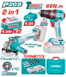 Total Tools Cordless Combo set 20V (Impact Drill 66Nm & Angle Grinder 4.5") with 2 Batteries 4Ah & Charger –  TCKLI20256