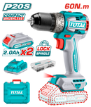 Total Tools Lithium-Ion compact brushless cordless drill 20V With 2 Pcs 2.0Ah battery And Charger 47 Pcs accessories-TDLI20602