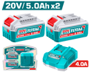 TOTAL TOOLS 20V 5Ah Lithium-Ion Batteries, 2 Pcs + 4A Charger - TFBCPK2513