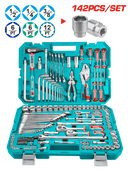 "Total Tools 142 Pcs Combination Tools Set THKTHP21426 in blue case with sockets, wrenches, and pliers"