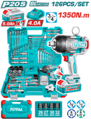 Total Tools 20 V Brushless Cordless Impact wrench 3/4" Max Torque 1350Nm + with Battery, Charger - 126-Pcs Tool Set –  THKTHP31262
