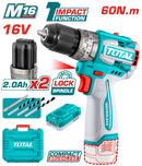 Total tools Brushless Cordless Impact Drill 13 mm 60 N.m 16 volt 2 Ah. + 2 battery and charger - TIDLI16682