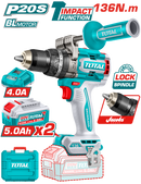 TOTAL TOOLS 20V Brushless Cordless Impact Drill, 136Nm + 2 × 5.0Ah Batteries & Charger - TIDLI201368