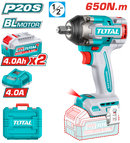 TOTAL TOOLS 20V Brushless Cordless Impact Wrench, 1/2", 650Nm+ 2 × 4.0Ah Batteries & Charger - TIWLI2065