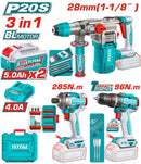 Total Tools 20V 3 Pcs Cordless Kit (28mm Rotary Hammer + 96Nm Brushless Drill + 1/4" Impact Driver) + 2×5Ah Batteries and Charger –  TOSLI250693