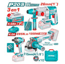 TOTAL TOOLS 3 Pcs 20V 4.0Ah Cordless Combo Kit (4.5" Angle Grinder +   impact driver + 26mm Rotary Hammer) + 2 Batteries & Charger - TOSLI260191