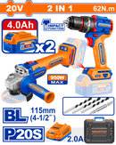 WADFOW 20V Cordless 2-Pcs Combo Kit (62Nm Brushless Impact Drill + 4.5" Angle Grinder) + 2 × 4.0Ah Batteries & Charger - WCK20273