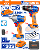 WADFOW 20V Cordless 2-Pcs Combo Kit ( 62Nm Brushless Impact Drill and 1/2" 330Nm Impact Wrench) +  2 × 2.0Ah Batteries & Charger - WCK20275